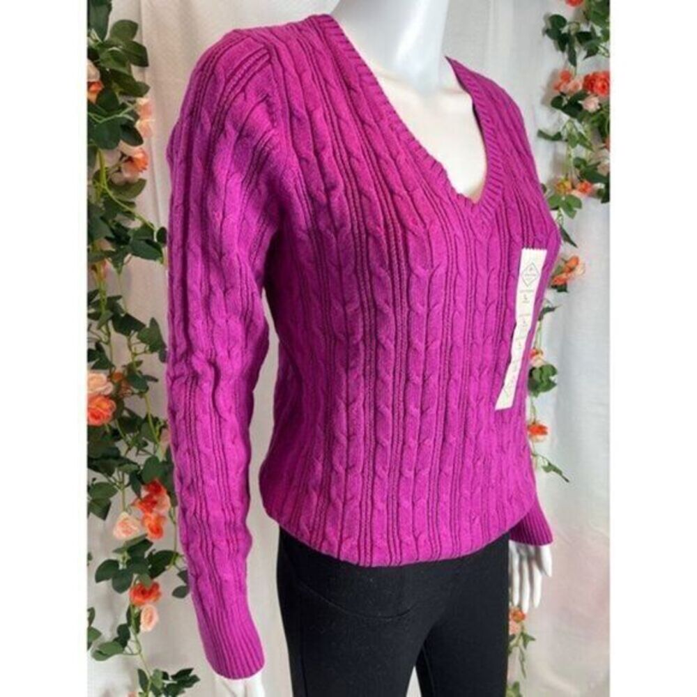 St Johns Bay Fuchsia Cotton Blend V Neck Cable Knit Sweater Size L